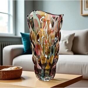 Colorful Thick Optic Crystal Vase. Purple/ Blue Green Amber -Square 9.5 In Tall